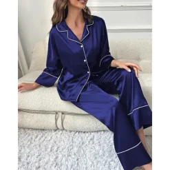 New Women's Pajamas Sets Pure Color Fashion Comfort Home Daily Bed Faux Silk Silk Breathable Lapel Long Sleeve Shirt Pant Button Pocket Fall Home Outfits Women Pajama-Setter
