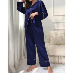 New Women's Pajamas Sets Pure Color Fashion Comfort Home Daily Bed Faux Silk Silk Breathable Lapel Long Sleeve Shirt Pant Button Pocket Fall Home Outfits Women Pajama-Setter