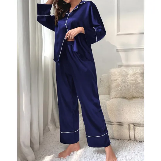 New Women's Pajamas Sets Pure Color Fashion Comfort Home Daily Bed Faux Silk Silk Breathable Lapel Long Sleeve Shirt Pant Button Pocket Fall Home Outfits Women Pajama-Setter