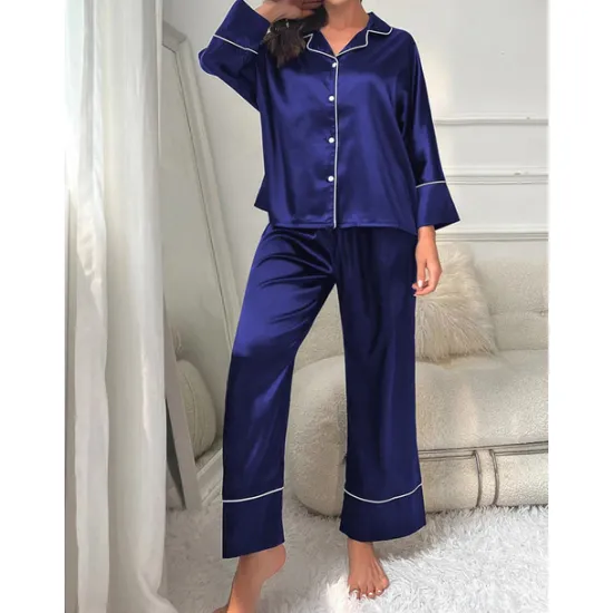 New Women's Pajamas Sets Pure Color Fashion Comfort Home Daily Bed Faux Silk Silk Breathable Lapel Long Sleeve Shirt Pant Button Pocket Fall Home Outfits Women Pajama-Setter