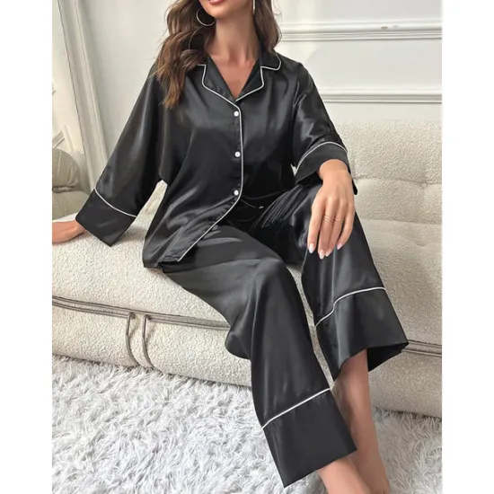 New Women's Pajamas Sets Pure Color Fashion Comfort Home Daily Bed Faux Silk Silk Breathable Lapel Long Sleeve Shirt Pant Button Pocket Fall Home Outfits Women Pajama-Setter