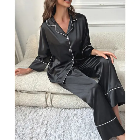 New Women's Pajamas Sets Pure Color Fashion Comfort Home Daily Bed Faux Silk Silk Breathable Lapel Long Sleeve Shirt Pant Button Pocket Fall Home Outfits Women Pajama-Setter