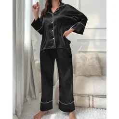 New Women's Pajamas Sets Pure Color Fashion Comfort Home Daily Bed Faux Silk Silk Breathable Lapel Long Sleeve Shirt Pant Button Pocket Fall Home Outfits Women Pajama-Setter