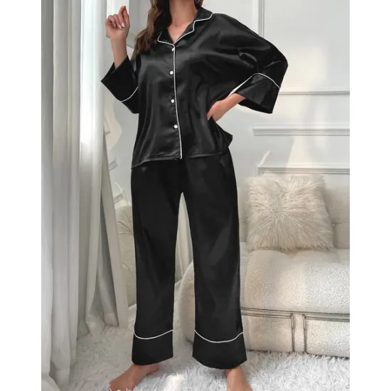 New Women's Pajamas Sets Pure Color Fashion Comfort Home Daily Bed Faux Silk Silk Breathable Lapel Long Sleeve Shirt Pant Button Pocket Fall Home Outfits Women Pajama-Setter