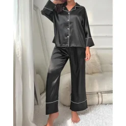 New Women's Pajamas Sets Pure Color Fashion Comfort Home Daily Bed Faux Silk Silk Breathable Lapel Long Sleeve Shirt Pant Button Pocket Fall Home Outfits Women Pajama-Setter