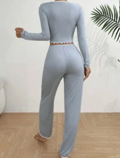 Outlet Women's Pajamas Simple Home V Neck Sky Blue khaki Summer Spring Women Pajama-Setter