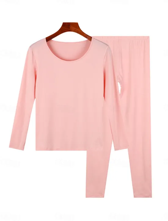 Discount Women's Pajamas Thermal Set Pure Color Warm Comfort Soft Home Daily Bed Comfort Warm Crew Neck Long Sleeve T shirt Tee Pant Elastic Waist Fall Winter Home Outfits Women Pajama-Setter