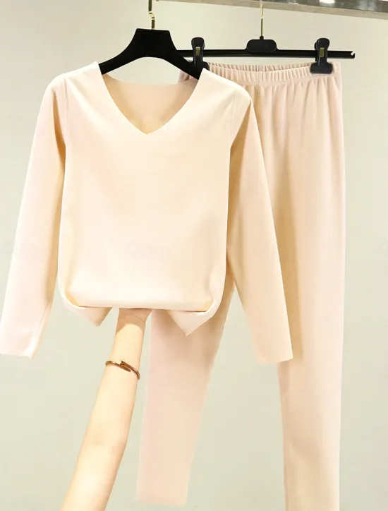 Clearance Women's Pajamas Thermal Set Pure Color Fashion Plush Casual Home Daily Bed Acrylic Breathable V Wire Long Sleeve T shirt Tee Pant Fall Winter Home Outfits Women Pajama-Setter