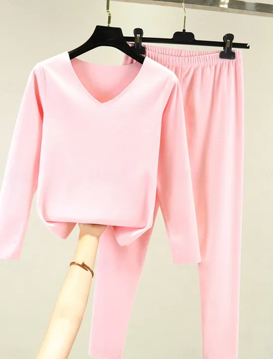 Clearance Women's Pajamas Thermal Set Pure Color Fashion Plush Casual Home Daily Bed Acrylic Breathable V Wire Long Sleeve T shirt Tee Pant Fall Winter Home Outfits Women Pajama-Setter