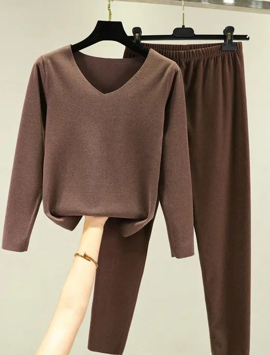 Clearance Women's Pajamas Thermal Set Pure Color Fashion Plush Casual Home Daily Bed Acrylic Breathable V Wire Long Sleeve T shirt Tee Pant Fall Winter Home Outfits Women Pajama-Setter