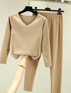 Clearance Women's Pajamas Thermal Set Pure Color Fashion Plush Casual Home Daily Bed Acrylic Breathable V Wire Long Sleeve T shirt Tee Pant Fall Winter Home Outfits Women Pajama-Setter