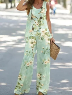 Women's Pant Set Vacation Fashion Daily Vest Sleeveless Crew Neck Geometric Vacation Casual Daily White Yellow Light Green Summer Regular Fit Women Two Piece Sets