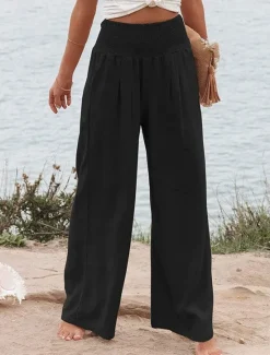 Clearance Women's Pants Fashion Basic Comfort Pure Color Pocket Elastic Waist Cotton Linen Pants Home Daily Long Pant Black White Pink Khaki Summer Women Pants