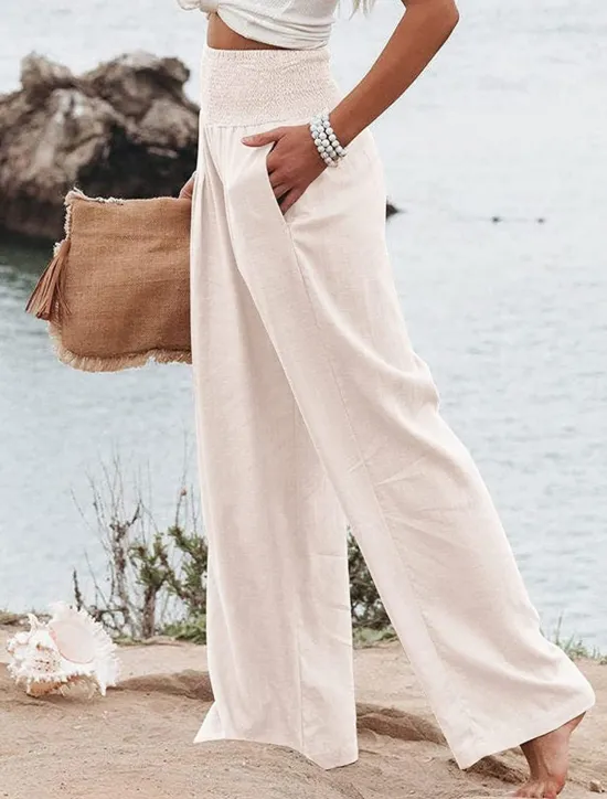 Clearance Women's Pants Fashion Basic Comfort Pure Color Pocket Elastic Waist Cotton Linen Pants Home Daily Long Pant Black White Pink Khaki Summer Women Pants
