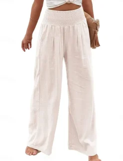 Clearance Women's Pants Fashion Basic Comfort Pure Color Pocket Elastic Waist Cotton Linen Pants Home Daily Long Pant Black White Pink Khaki Summer Women Pants