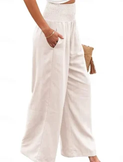Clearance Women's Pants Fashion Basic Comfort Pure Color Pocket Elastic Waist Cotton Linen Pants Home Daily Long Pant Black White Pink Khaki Summer Women Pants