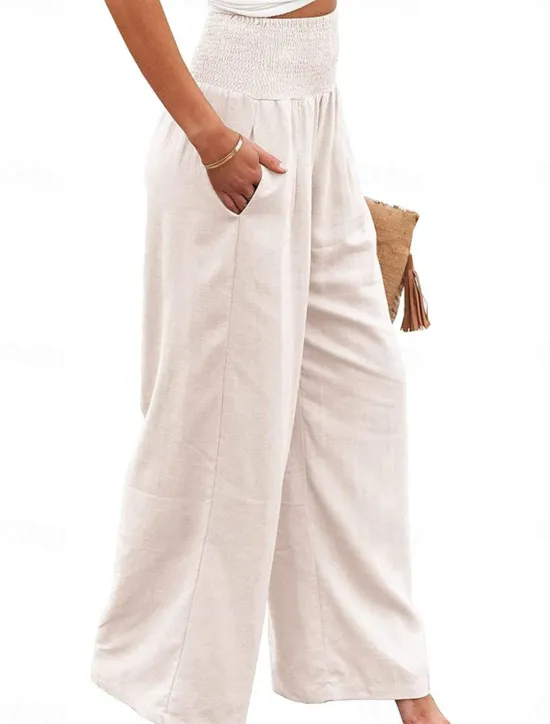 Clearance Women's Pants Fashion Basic Comfort Pure Color Pocket Elastic Waist Cotton Linen Pants Home Daily Long Pant Black White Pink Khaki Summer Women Pants