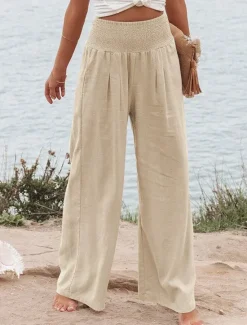 Clearance Women's Pants Fashion Basic Comfort Pure Color Pocket Elastic Waist Cotton Linen Pants Home Daily Long Pant Black White Pink Khaki Summer Women Pants