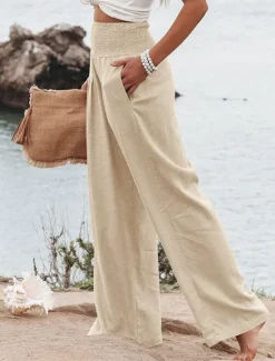 Clearance Women's Pants Fashion Basic Comfort Pure Color Pocket Elastic Waist Cotton Linen Pants Home Daily Long Pant Black White Pink Khaki Summer Women Pants