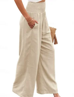 Clearance Women's Pants Fashion Basic Comfort Pure Color Pocket Elastic Waist Cotton Linen Pants Home Daily Long Pant Black White Pink Khaki Summer Women Pants