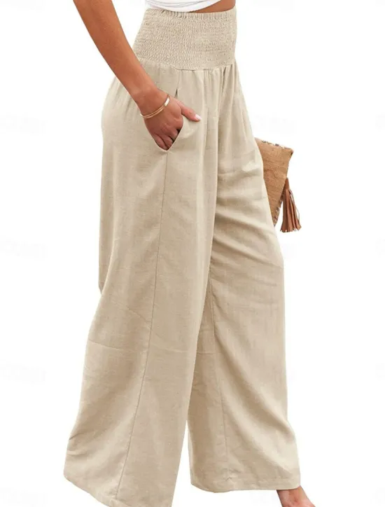 Clearance Women's Pants Fashion Basic Comfort Pure Color Pocket Elastic Waist Cotton Linen Pants Home Daily Long Pant Black White Pink Khaki Summer Women Pants