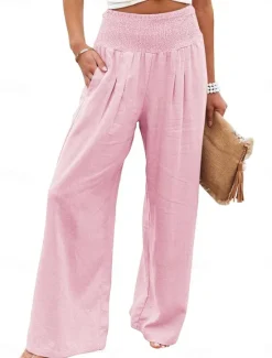 Clearance Women's Pants Fashion Basic Comfort Pure Color Pocket Elastic Waist Cotton Linen Pants Home Daily Long Pant Black White Pink Khaki Summer Women Pants