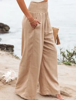 Clearance Women's Pants Fashion Basic Comfort Pure Color Pocket Elastic Waist Cotton Linen Pants Home Daily Long Pant Black White Pink Khaki Summer Women Pants