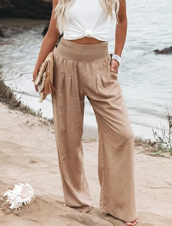 Clearance Women's Pants Fashion Basic Comfort Pure Color Pocket Elastic Waist Cotton Linen Pants Home Daily Long Pant Black White Pink Khaki Summer Women Pants