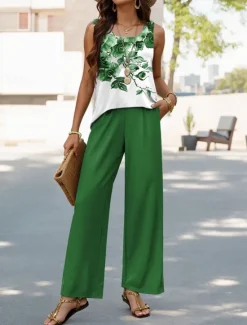 New Women's Pants Sets Vacation Daily Sleeveless U Neck Floral Graphic Casual Daily Blue Purple Green Summer Regular Fit Women Two Piece Sets