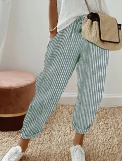 Clearance Women's Pants Trousers Casual Daily Ankle-Length Striped Drawstring Side Pockets Breathability Comfortable Inelastic Weekend Spring & Summer Regular Fit Women Pants