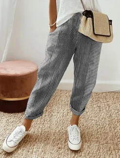 Sale Women's Pants Trousers Casual Daily Full Length Striped Drawstring Side Pockets Cut Out Breathability Comfortable Inelastic Going out Weekend Black Pink Blue Purple Summer Spring Regular Fit Women Pants