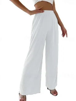 Hot Women's Pants Trousers Casual Daily Long High Waist Plain Wide Leg Elastic Waistband Breathability Comfortable Micro-elastic Sports & Outdoor Black White Pink Blue Spring & Summer Women Pants