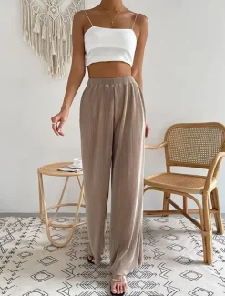Hot Women's Pants Trousers Casual Daily Long High Waist Plain Wide Leg Elastic Waistband Breathability Comfortable Micro-elastic Sports & Outdoor Black White Pink Blue Spring & Summer Women Pants