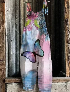 Hot Women's Pants Trousers Dungarees Jumpsuit Rompers Lightweight Casual Ankle-Length Mid Rise Floral Graphic Printing Comfortable Inelastic Home Casual Daily claret Azure River Blue White Summer Women Overalls|Pants