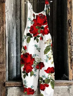 Hot Women's Pants Trousers Dungarees Jumpsuit Rompers Lightweight Casual Ankle-Length Mid Rise Floral Graphic Printing Comfortable Inelastic Home Casual Daily claret Azure River Blue White Summer Women Overalls|Pants