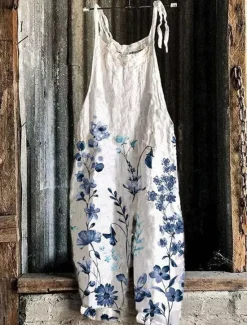 Hot Women's Pants Trousers Dungarees Jumpsuit Rompers Lightweight Casual Ankle-Length Mid Rise Floral Graphic Printing Comfortable Inelastic Home Casual Daily claret Azure River Blue White Summer Women Overalls|Pants