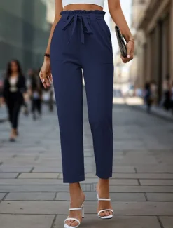 Women's Pants Trousers Fashion Ankle-Length Plain Side Pockets Breathability Comfortable Micro-elastic Casual Daily Navy Blue Green Khaki Gray Spring & Summer Regular Fit Women Pants