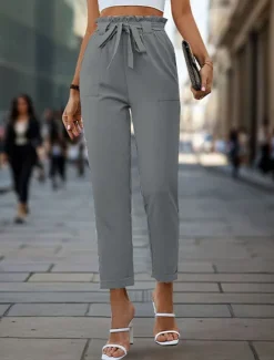 Women's Pants Trousers Fashion Ankle-Length Plain Side Pockets Breathability Comfortable Micro-elastic Casual Daily Navy Blue Green Khaki Gray Spring & Summer Regular Fit Women Pants