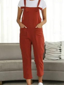 Best Women's Pants Trousers Jumpsuit Rompers Lightweight Casual Ankle-Length Mid Rise Plain Pocket Breathability Comfortable Inelastic Home Casual Daily claret Deep Green Navy Black Summer Spring Regular Women Overalls