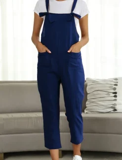 Best Women's Pants Trousers Jumpsuit Rompers Lightweight Casual Ankle-Length Mid Rise Plain Pocket Breathability Comfortable Inelastic Home Casual Daily claret Deep Green Navy Black Summer Spring Regular Women Overalls