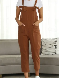 Best Women's Pants Trousers Jumpsuit Rompers Lightweight Casual Ankle-Length Mid Rise Plain Pocket Breathability Comfortable Inelastic Home Casual Daily claret Deep Green Navy Black Summer Spring Regular Women Overalls