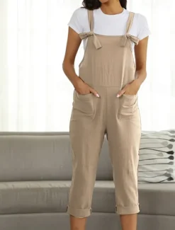 Best Women's Pants Trousers Jumpsuit Rompers Lightweight Casual Ankle-Length Mid Rise Plain Pocket Breathability Comfortable Inelastic Home Casual Daily claret Deep Green Navy Black Summer Spring Regular Women Overalls