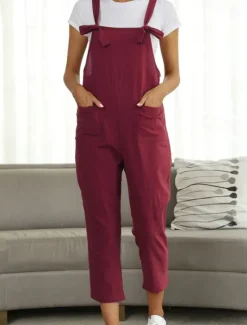 Best Women's Pants Trousers Jumpsuit Rompers Lightweight Casual Ankle-Length Mid Rise Plain Pocket Breathability Comfortable Inelastic Home Casual Daily claret Deep Green Navy Black Summer Spring Regular Women Overalls
