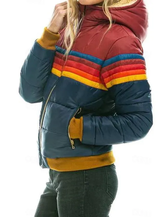 New Women's Parka Outdoor Street Daily Fall Winter Regular Coat Regular Fit Windproof Warm Comtemporary Stylish Casual Jacket Long Sleeve Color Block Stripes with Pockets Full Zip Lake blue Black Dark Women Puffers & Parka