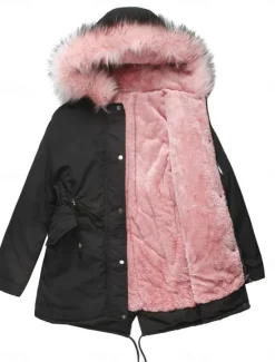 Outlet Women's Parka Warm Breathable Zipper Pocket Fur Collar Fleece Lined Casual Plain Vacation Street Daily Wear Going out Zipper Regular Hoodie Regular Fit Long Sleeve Outerwear Black Pink Red Fall Winter Women Puffers & Parka