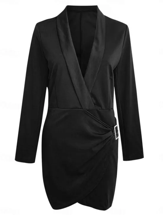 Clearance Women's Party Dress Cocktail Dress Work Dress Ruched Shirt Collar Long Sleeve Mini Dress Formal Winter Dress Formal Black White Fall Winter Women Work Dresses