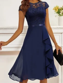 Online Women's Party Dress Lace Dress Cocktail Dress Midi Dress Short Sleeve Pure Color Lace Summer Spring Fall Crew Neck Fashion Wedding Guest Vacation Summer Dress S M L XL 2XL Women Cocktail Dress