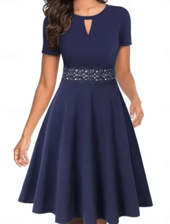 Online Women's Patchwork Vintage Dress Midi Dress Elegant Plain Crew Neck Short Sleeve Vacation Daily Black Wine Women Work Dresses