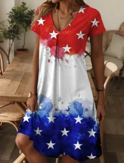 Women's Patriot Veteran Patriotic Dress Mini Dress T Shirt Dress Summer Dress Casual Daily Regular Fit Graphic Flag Red White And Blue Short Sleeve V Neck Blue Women Independence Day Dress