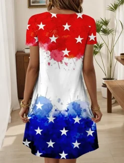Women's Patriot Veteran Patriotic Dress Mini Dress T Shirt Dress Summer Dress Casual Daily Regular Fit Graphic Flag Red White And Blue Short Sleeve V Neck Blue Women Independence Day Dress